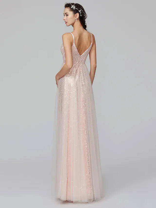 A-Line Bridesmaid Dress Spaghetti Strap Sleeveless Floor Length Tulle  Sequined with Pleats  Sequin