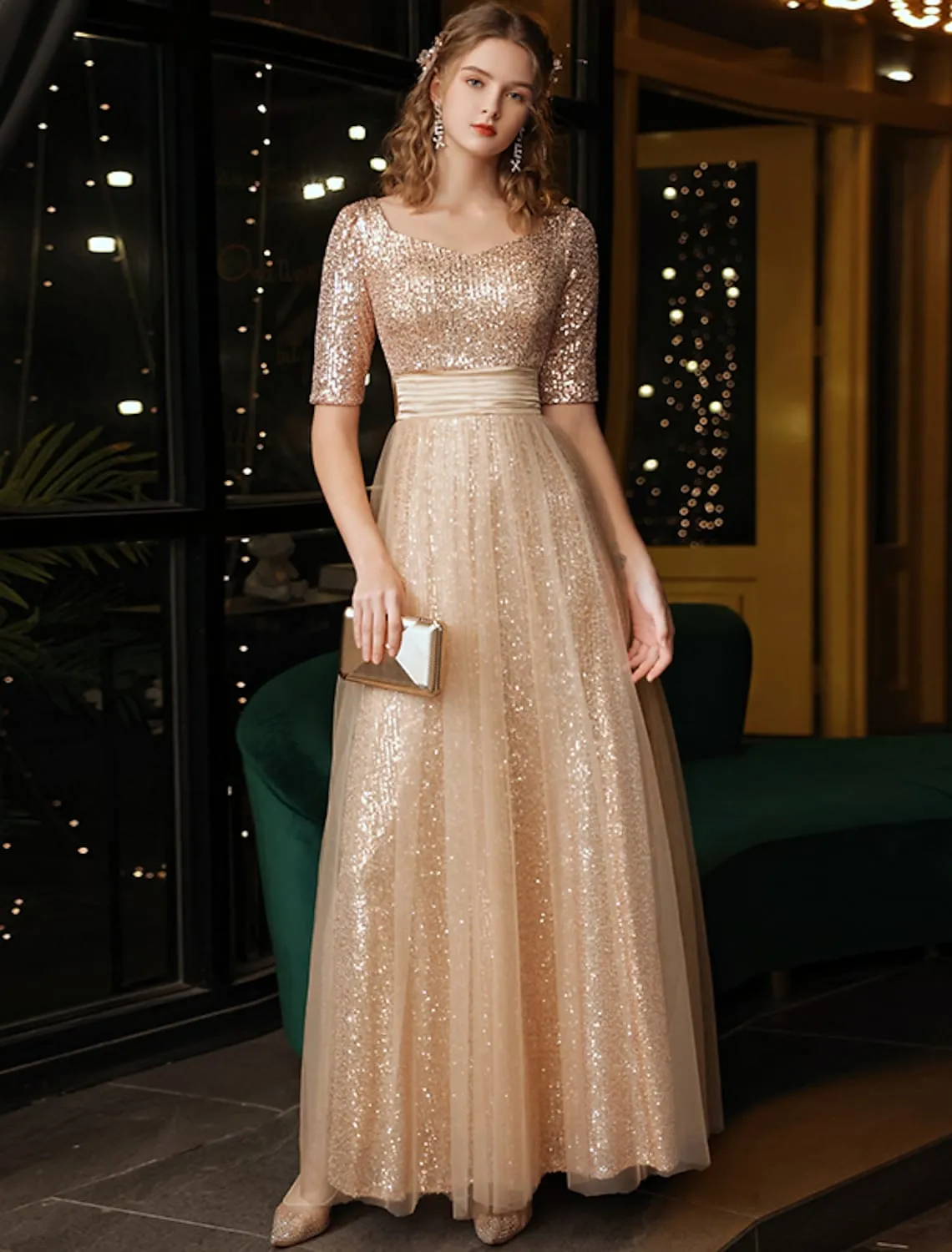 A-Line Evening Gown Sparkle Dress Wedding Guest Floor Length Half Sleeve V Neck Sequined with Bow(s) Sequin