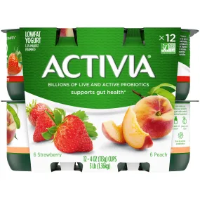 Activia Peach and Strawberry Probiotic Yogurt, Lowfat Yogurt Cups, 4 oz, 12 Count