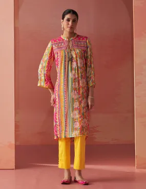 Anayna Fuchsia Pink Printed Chiffon Embroidered A-Line Kurta