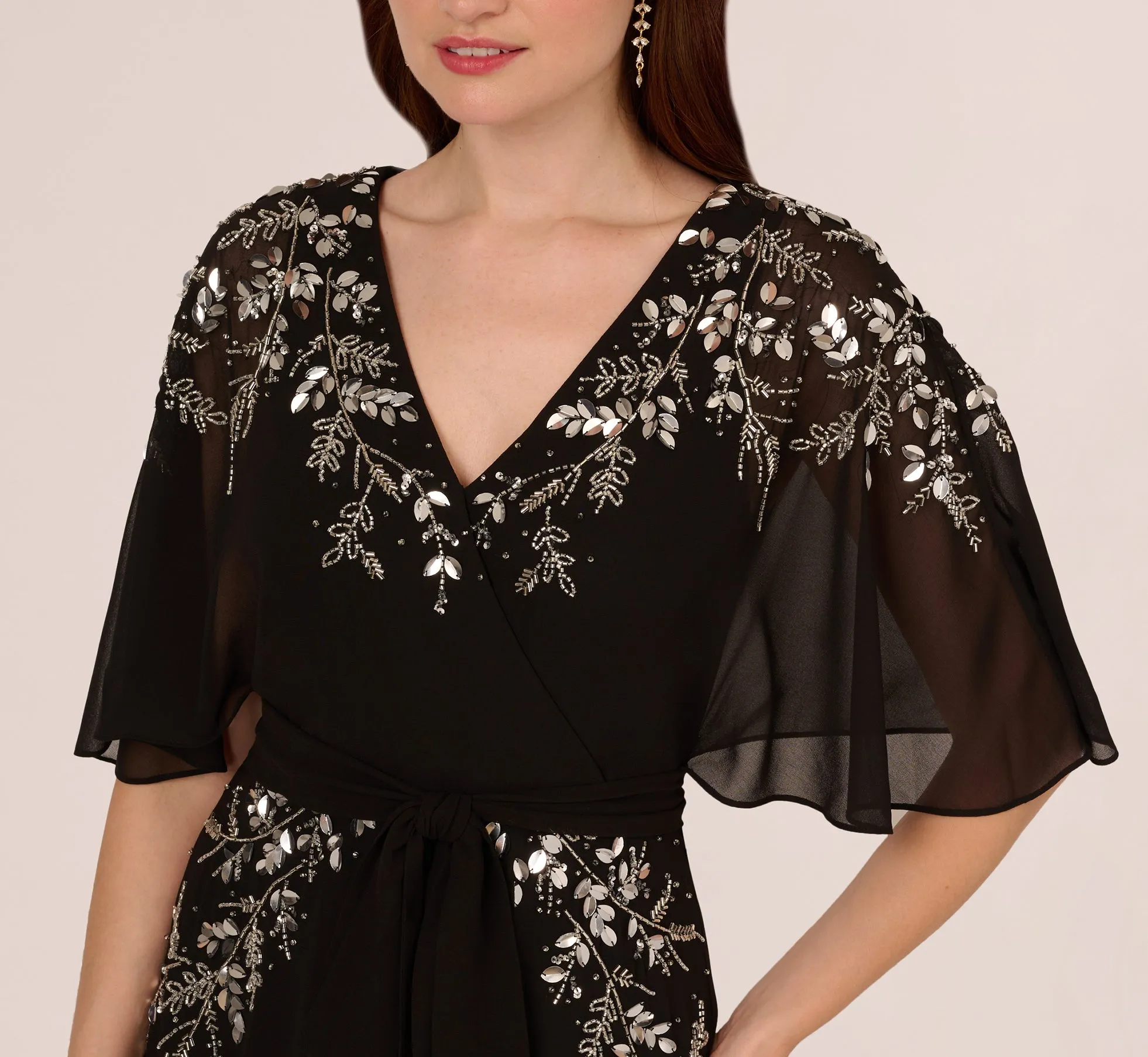 Beaded Chiffon Ankle Length Gown With Dolman Sleeves In Black