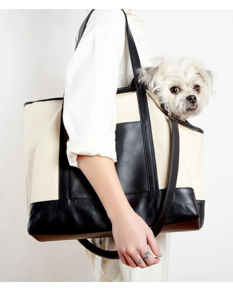 Black Leather & Natural Canvas Luxe Dog Carrier <br>(Made in Mexico)<br>(Dog & Co. Exclusive)