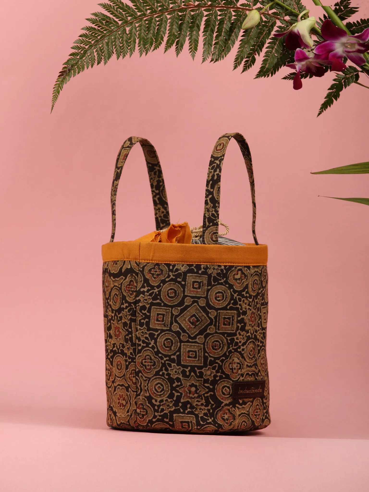 Black Olive Ajrakh Block Printed Bucket Utility Bag - B0202