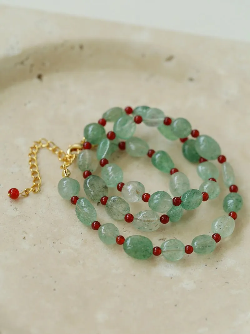 Green Strawberry Quartz and Red Onyx Beaded Necklace