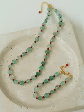 Green Strawberry Quartz and Red Onyx Beaded Necklace