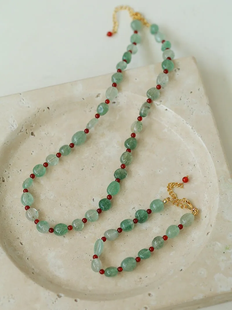 Green Strawberry Quartz and Red Onyx Beaded Necklace