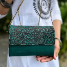 Handcrafted Embossed Leather & Engraved Wood Sling Bag - Jade Green