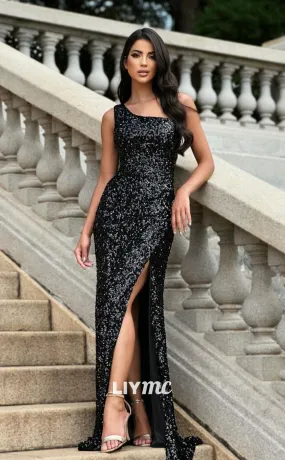 LP1076 - Sheath/Column One Shoulder Fully Sequins Black Formal Prom Dress with Slit