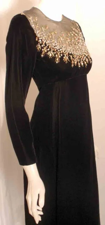 MALCOLM STARR Black Velvet Gown with Rhinestones Collar