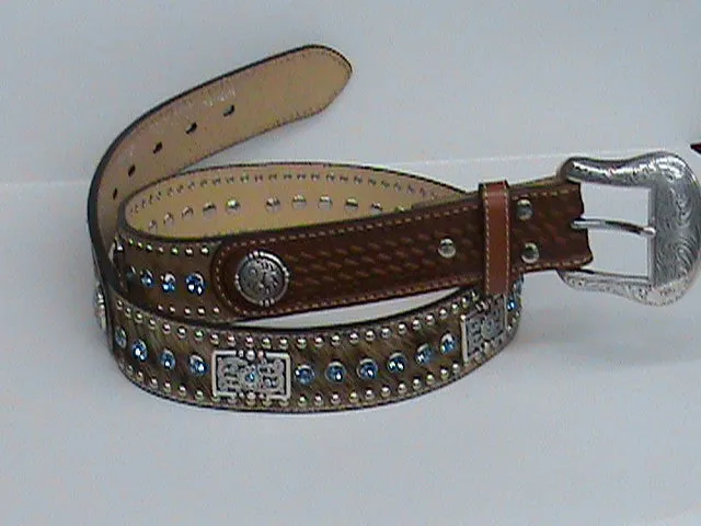 Men's Nocona Brown Studded Leather Belt w/Calf Hair & Blue Rhinestones