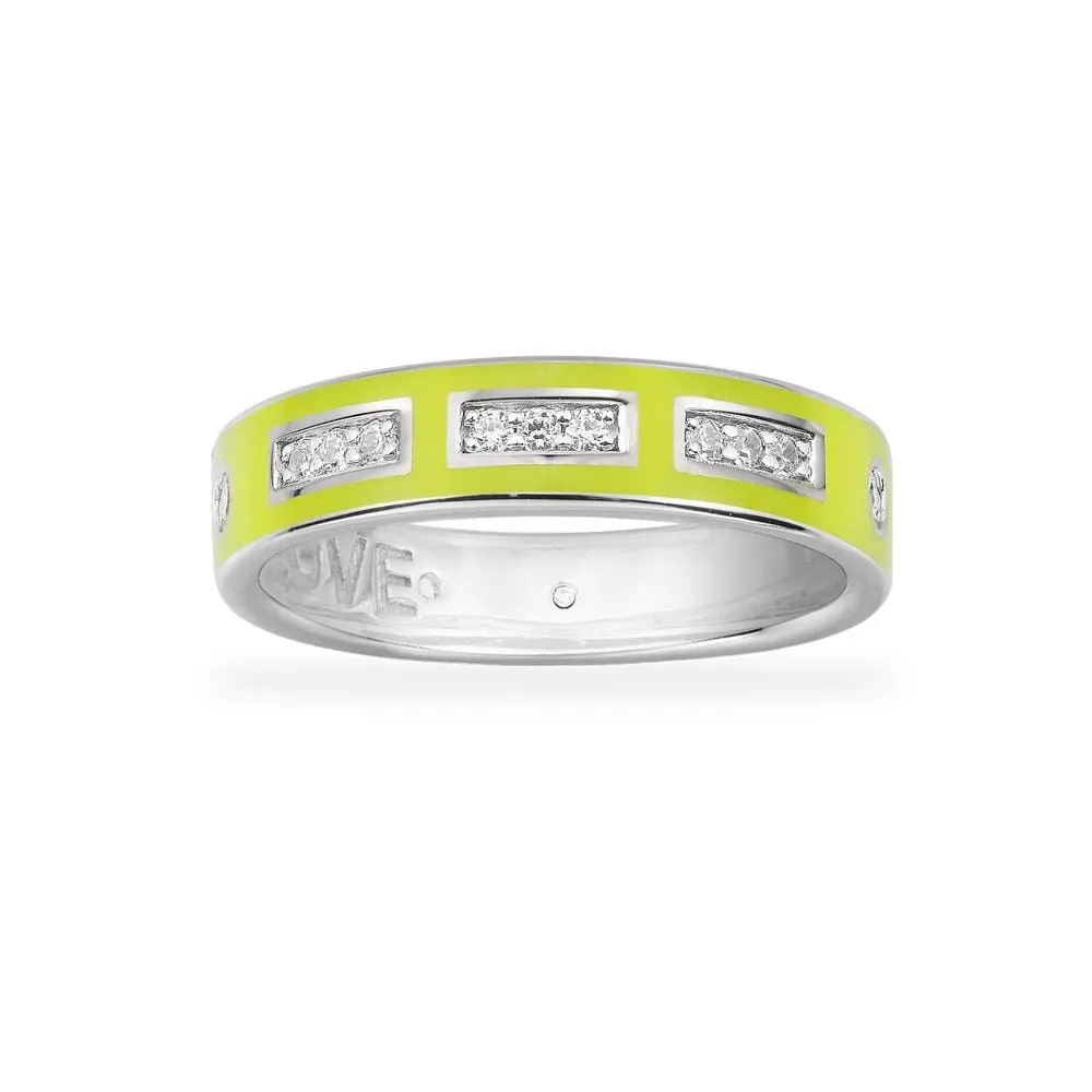 Neon Yellow LOVE Morse Code Ring - White Silver