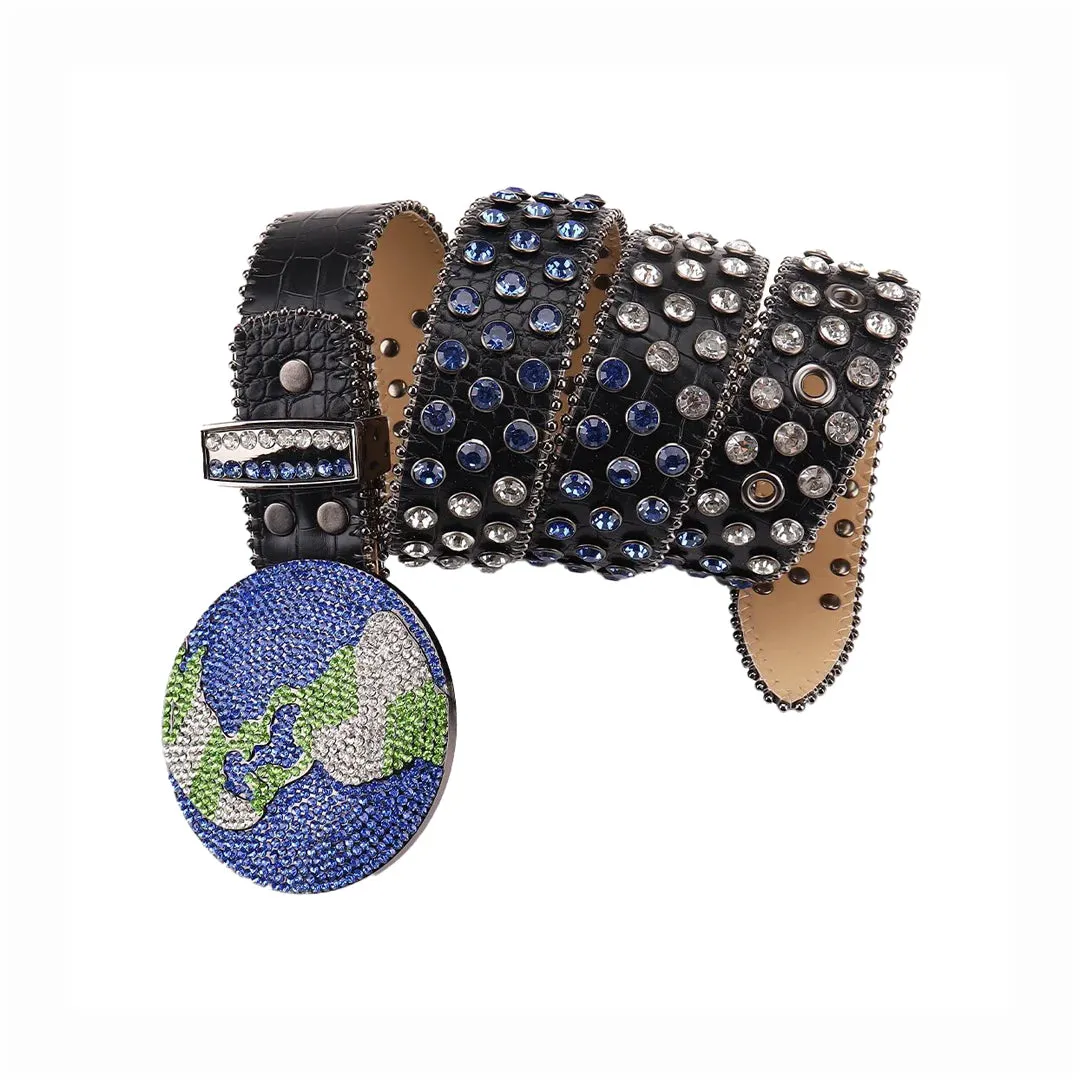 Rhinestone Globe Buckle With Blue & Crystal Studded Belt