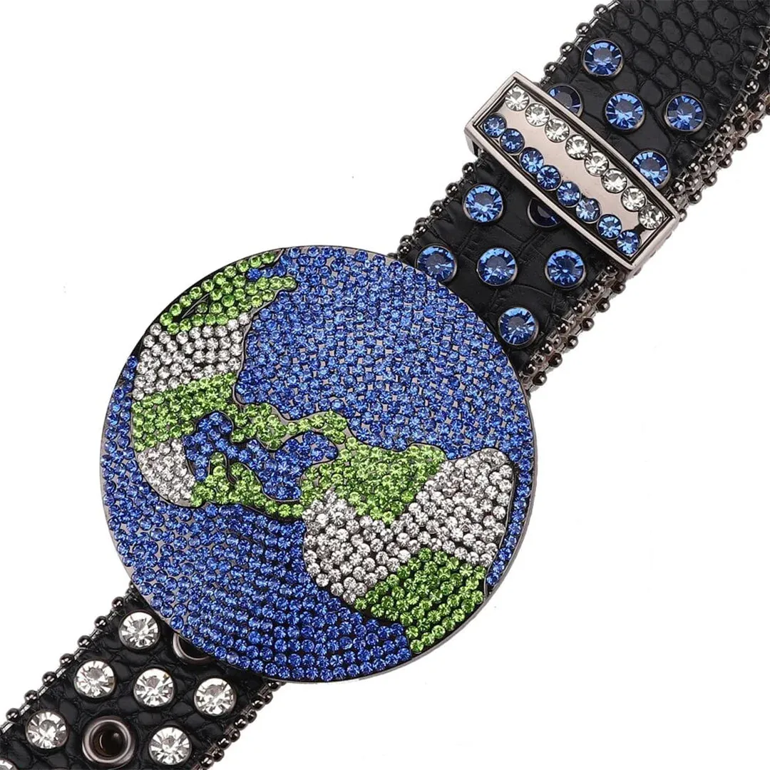 Rhinestone Globe Buckle With Blue & Crystal Studded Belt