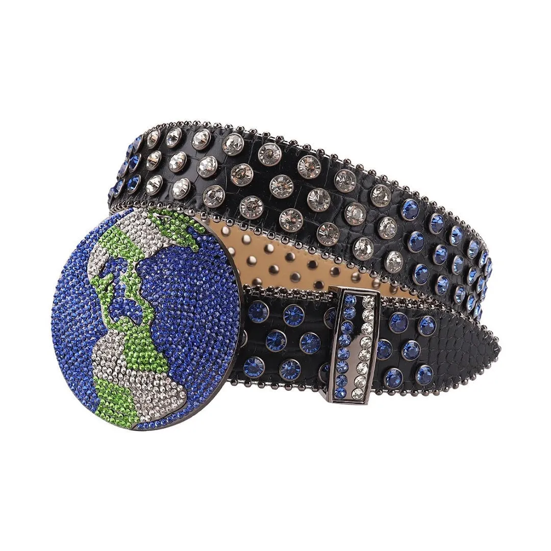 Rhinestone Globe Buckle With Blue & Crystal Studded Belt