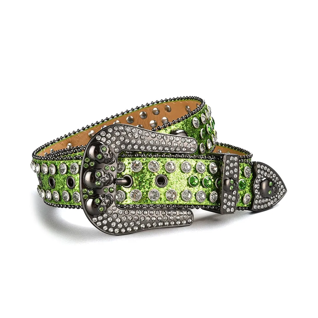 Rhinestone Skull Buckle Shiny Green Strap With Green & Crystal Studded Belt