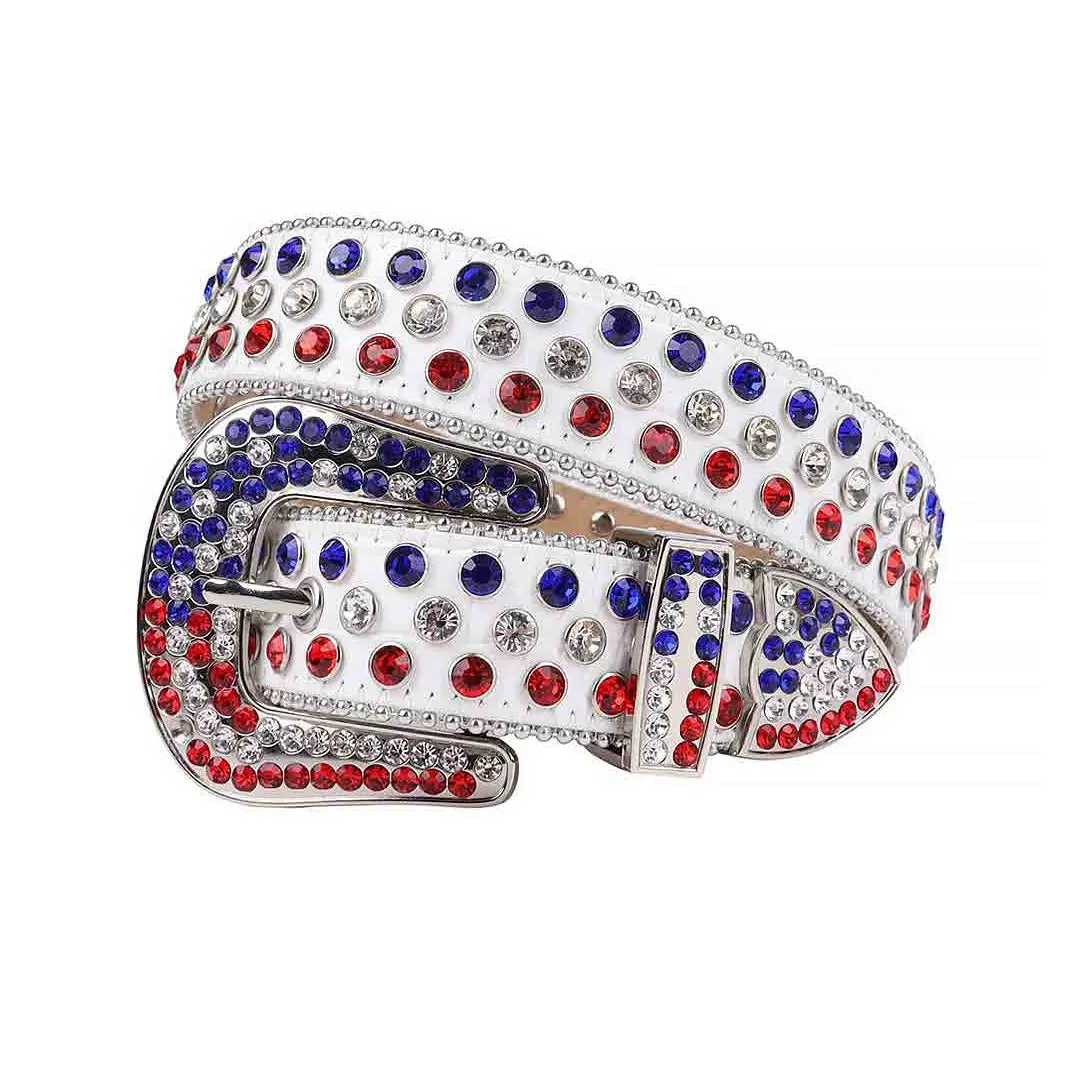 Rhinestone White Strap With Red & Blue Studded Belt