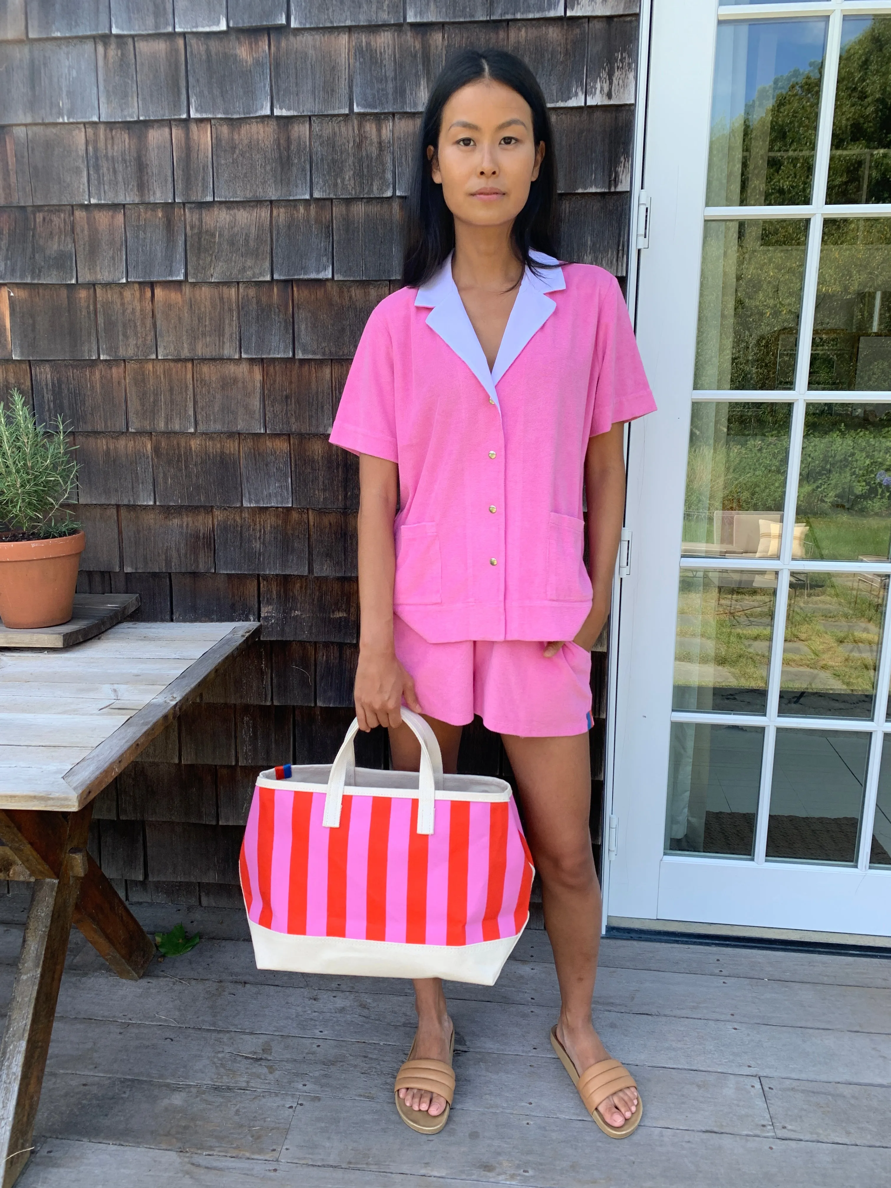 The All Over Striped Medium Tote - Pink/Poppy