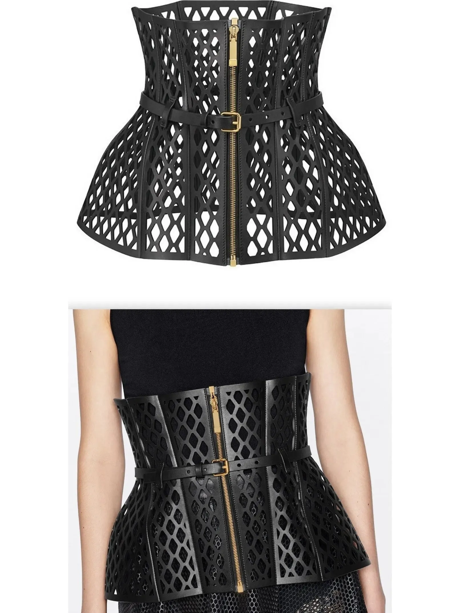 Women’s Black Leather Laser Cut-Out Wide Corset Belt